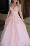 Spaghetti Straps Pink Prom Dress with Appliques Beading Formal Gown N1448