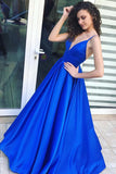 A-Line Royal Blue Spaghetti Straps Satin Prom Dress with Pleats,Graduation Gown,N729