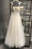Spaghetti Strap V Neck Long Tulle Prom Dress with Flowers, Beach Wedding Gown