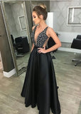 Sparkly Black V-Neck Beading A Line Satin Party Dresses with Sheer Back N1574