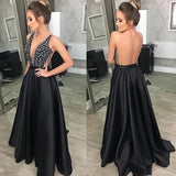 Sparkly Black V-Neck Beading A Line Satin Party Dresses with Sheer Back N1574