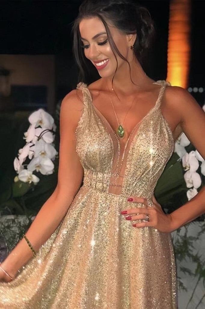 Sparkly Gold V-Neck Sleeveless Sequins Prom Dresses