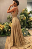 Sparkly Gold V-Neck Sleeveless Sequins Prom Dresses