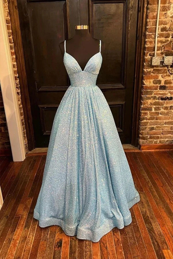 Sparkly Sequins Spaghetti Straps Prom Dresses With Pockets