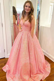 Sparkly Sequins Spaghetti Straps Prom Dresses With Pockets