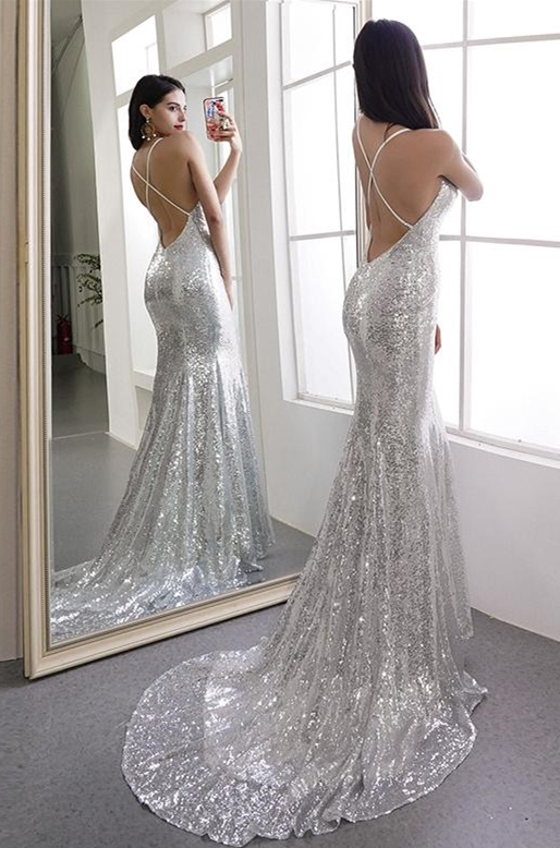 Sparkly Silver Sequined Mermaid Spaghetti Straps Sweep Train Prom Dress
