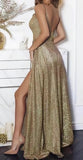 Sparkly Spaghetti Straps Sequined Prom Dresses with Split N2574