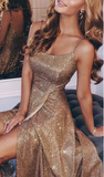 Sparkly Spaghetti Straps Sequined Prom Dresses with Split N2574