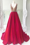 Sparkly Deep V Neck Fuchsia Long Prom Dress with Beading, A Line Sleeveless Party Dress N1447