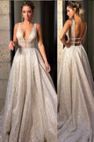 Sexy Sparkly Deep V Neck Sequin Prom Dresses, Wedding Dress Bridal Gown N1286