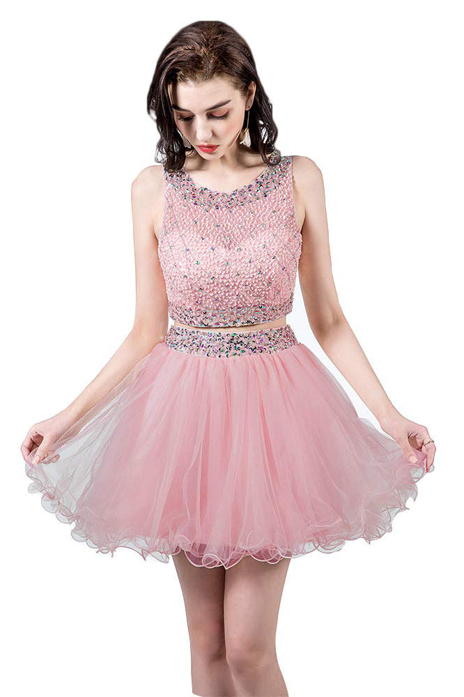 Sparkly Two Piece Homecoming Dresses Short Beaded Tulle Prom Gowns with Sequins N2011