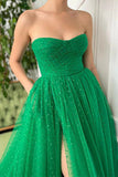 Strapless Green Long A Line Tulle Prom Dresses OK1993