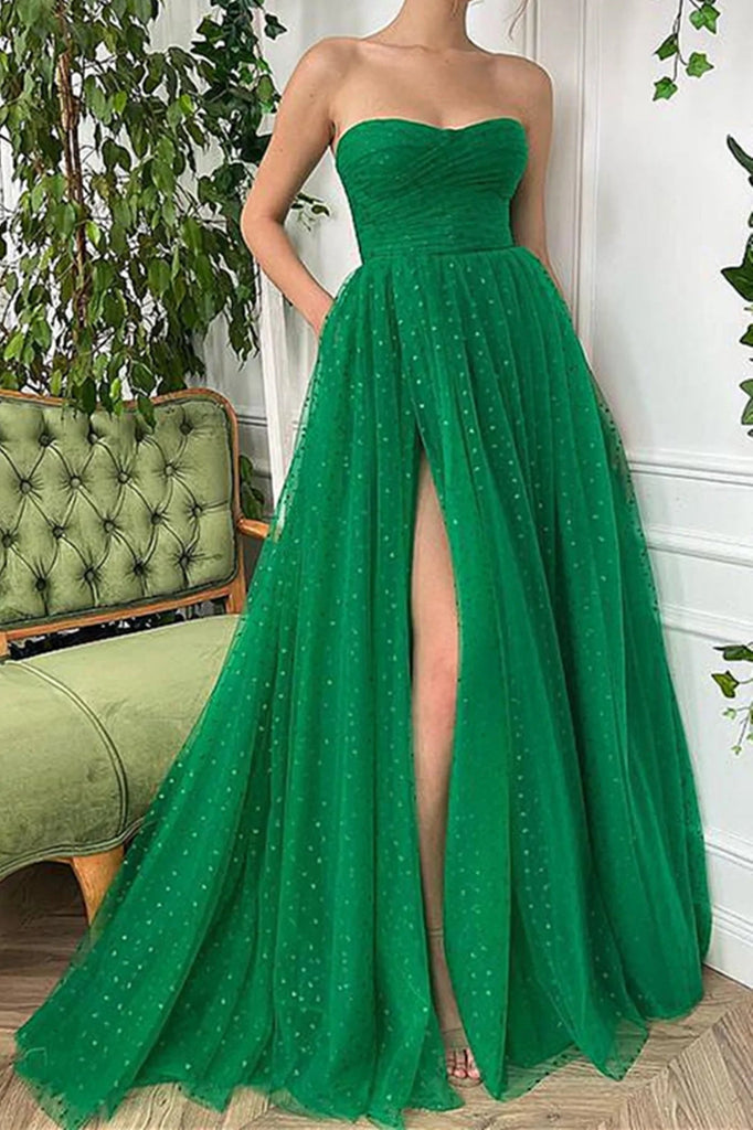 Strapless Green Long A Line Tulle Prom Dresses OK1993