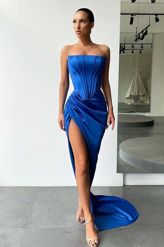 Mermaid Satin Formal Dresses Strapless Long Prom Dresses Split Evening Party Gowns PD0487B