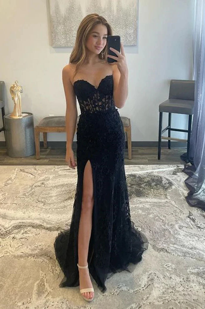 Sweetheart Mermaid Black Lace Long Prom Dresses OK1900