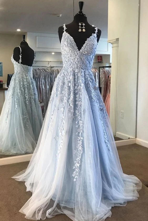 A Line V Neck Straps Lace Appliques Long Prom Dress, Cheap Tulle Formal Dresses N2575