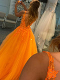 Stunning V-Neck Tulle Appliques Long Prom Dress Y0361