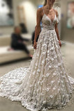 Stunning Deep V Neck Spaghetti Straps Lace Backless Court Train Wedding Gown,N628