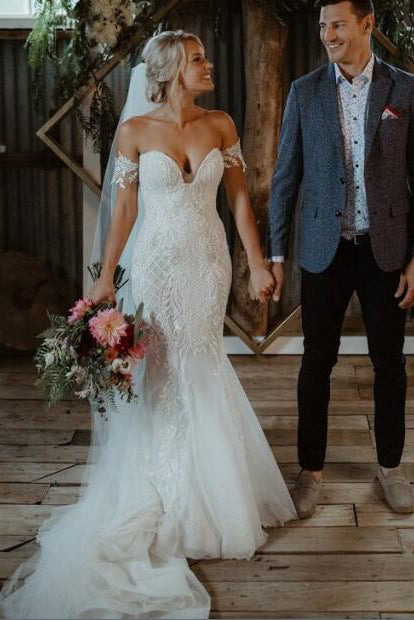 Stunning Mermaid Tulle Bohemian Wedding Dresses Off the Shoulder Lace Beading Bridal Gowns N1517
