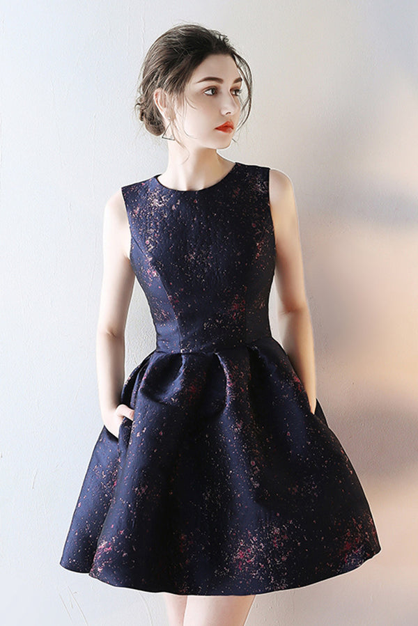 Stylish A line Sleeveless Round Neck Short Prom Dress, Unique Mini Homecoming Dress