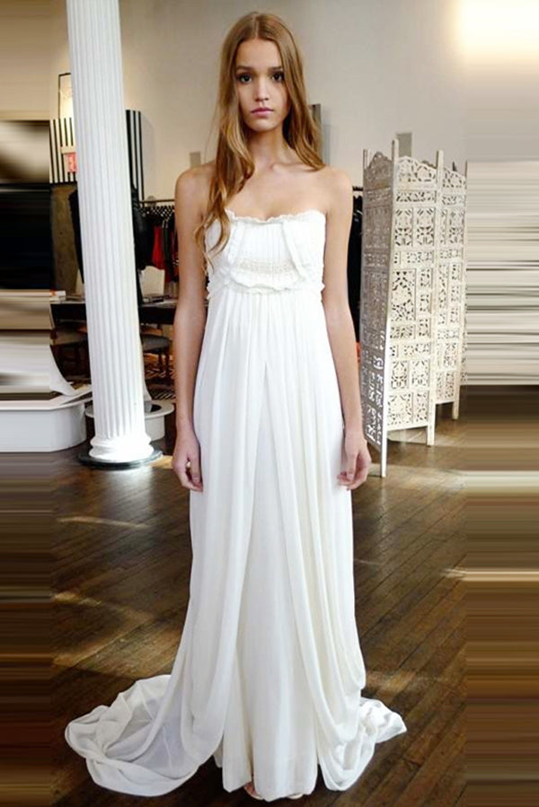 Unique Strapless Sweep Train Zipper Natural Ivory Ruffles Beach Wedding Dresses N847