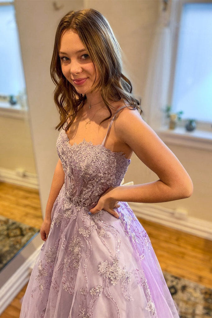Light Purple Straps Lace Appliques Tulle Long Evening Dresses Prom Dresses