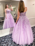 Light Purple Straps Lace Appliques Tulle Long Evening Dresses Prom Dresses