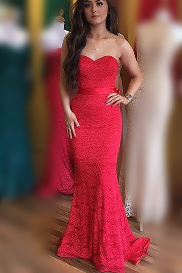 Elegant Sweetheart Mermaid Red Lace Long Prom Dresses with Sash Bridesmaid Dresses N795