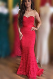 Elegant Sweetheart Mermaid Red Lace Long Prom Dresses with Sash Bridesmaid Dresses N795