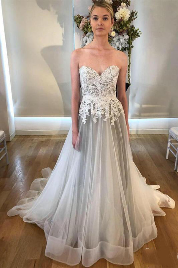 Cheap Sweetheart Neck A Line Silver Grey Wedding Dresses, Long Appliqued Bridal Dress N1278