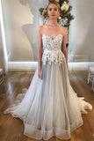 Cheap Sweetheart Neck A Line Silver Grey Wedding Dresses, Long Appliqued Bridal Dress N1278