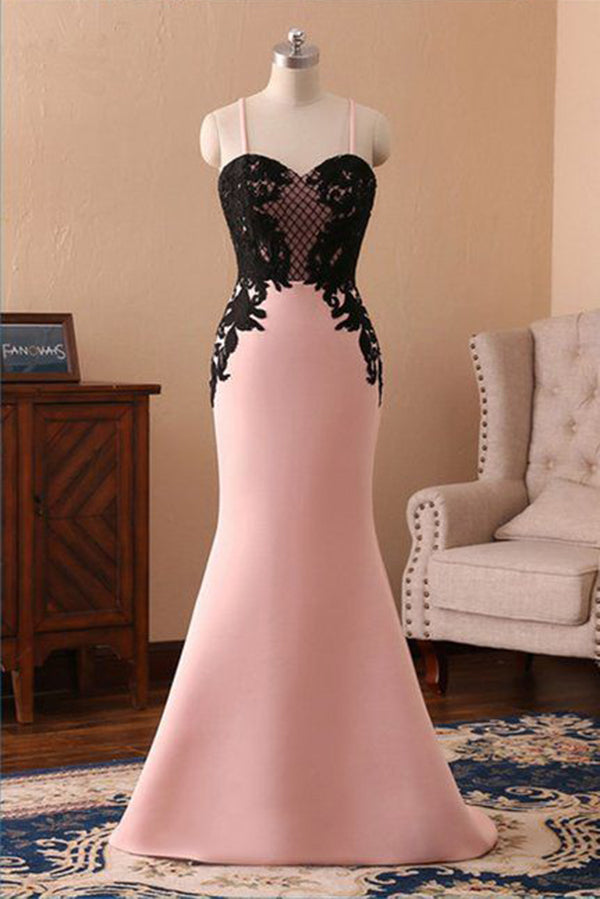 Cheap Pink Spaghetti Straps Sweetheart Long Mermaid Black Lace Prom Dress N816