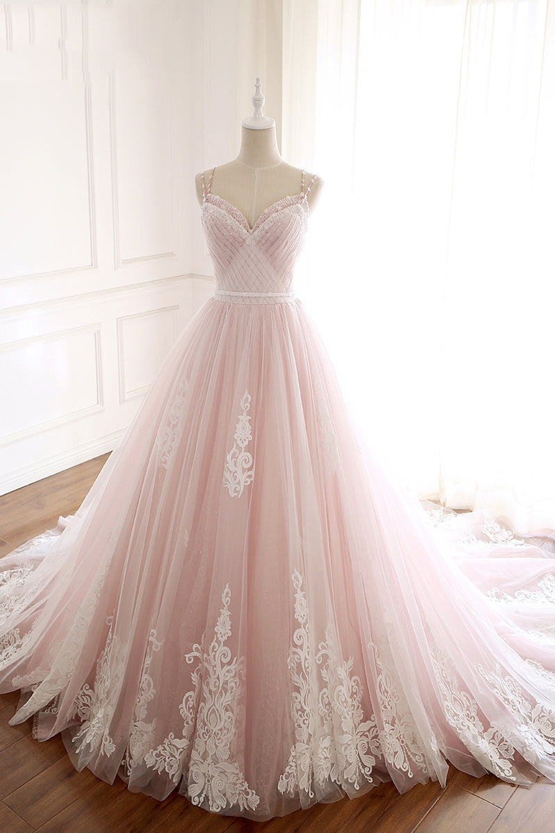 Pink Straps Tulle Prom Dresses with Lace Appliques A-Line Formal Dresses N1488