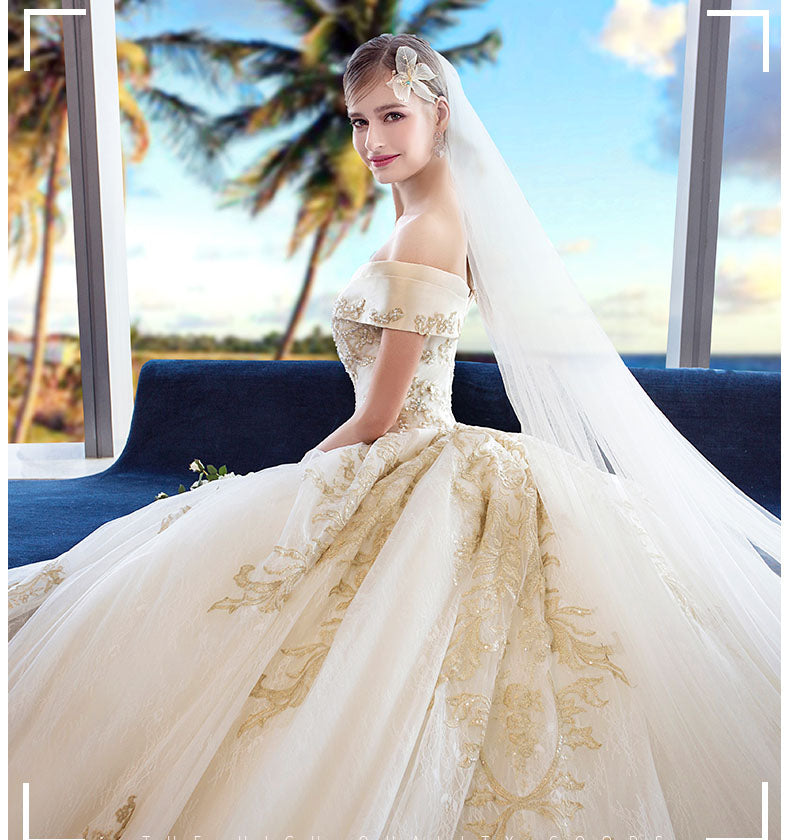 Gorgeous Off the Shoulder Ball Gown Wedding Dresses Long Appliques Bridal Dresses N1528