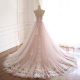 Pink Straps Tulle Prom Dresses with Lace Appliques A-Line Formal Dresses N1488