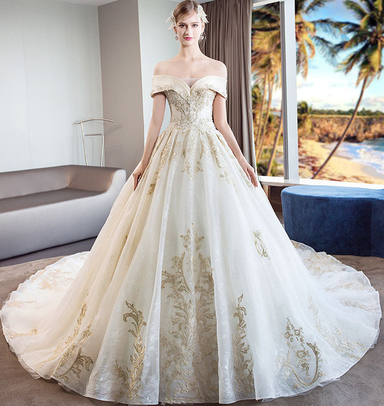 Gorgeous Off the Shoulder Ball Gown Wedding Dresses Long Appliques Bridal Dresses N1528