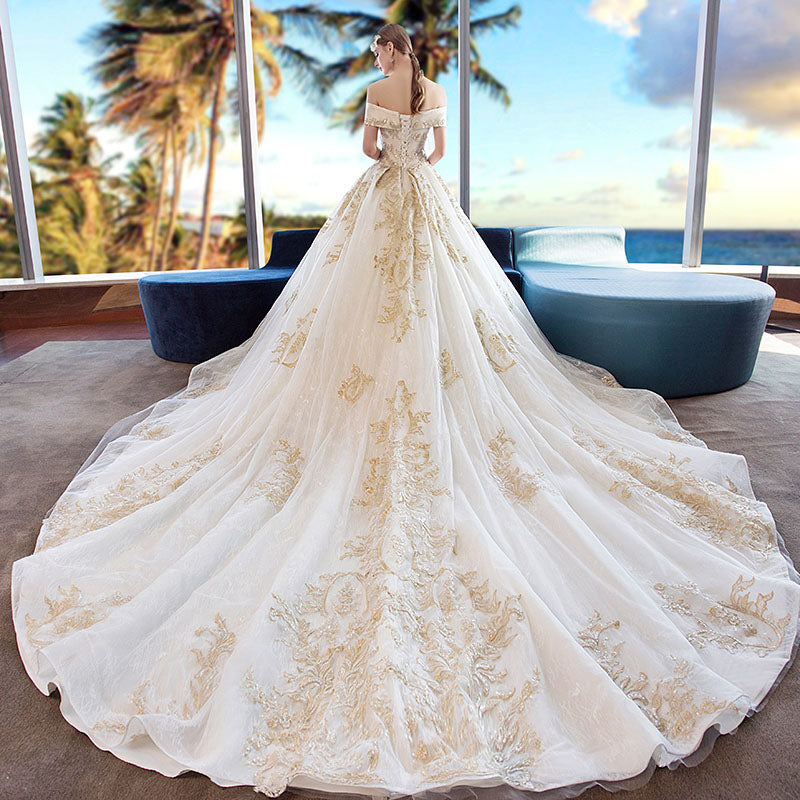 Gorgeous Off the Shoulder Ball Gown Wedding Dresses Long Appliques Bridal Dresses N1528