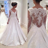 A Line Elegant V-Neck Long Sleeves Lace Appliques Wedding Dress