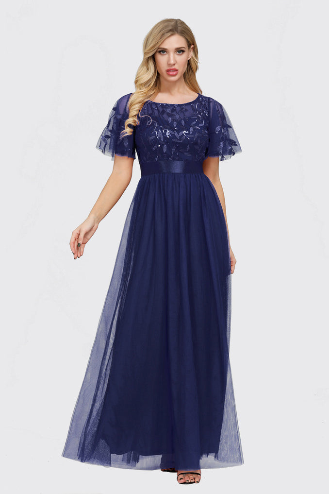Flutter Sleeve Embroidery Floor Length Empire Waist Tulle Prom Dress TW00014