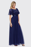 Flutter Sleeve Embroidery Floor Length Empire Waist Tulle Prom Dress TW00014