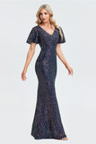 Mermaid Shiny Short Sleeve V-neck Sequins Prom Dress TW00034