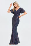 Mermaid Shiny Short Sleeve V-neck Sequins Prom Dress TW00034