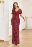 Mermaid Shiny Short Sleeve V-neck Sequins Prom Dress TW00034