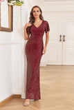 Mermaid Shiny Short Sleeve V-neck Sequins Prom Dress TW00034