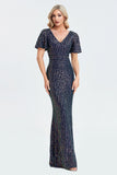 Mermaid Shiny Short Sleeve V-neck Sequins Prom Dress TW00034