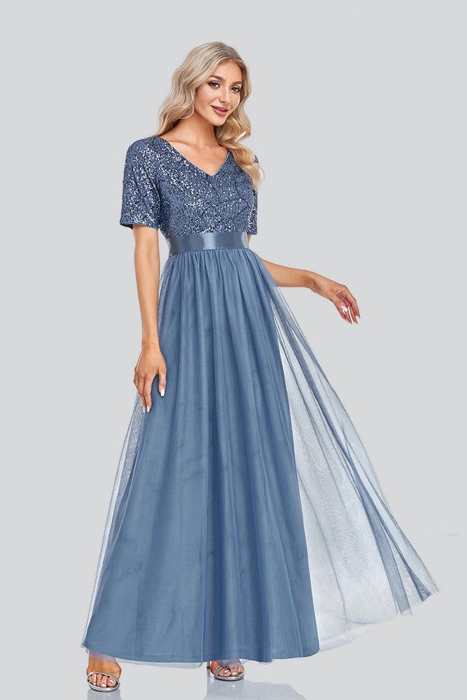 Elegant Sequin V-Neck Short Sleeve Formal Prom Dress TW00044