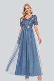 Elegant Sequin V-Neck Short Sleeve Formal Prom Dress TW00044