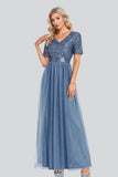 Elegant Sequin V-Neck Short Sleeve Formal Prom Dress TW00044