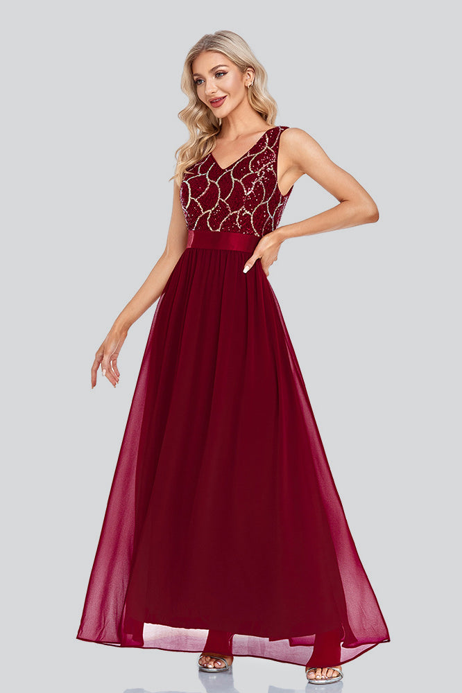 Flowy Sequins Sleeveless V-neck Burgundy Long Prom Dress TW00045