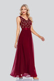 Flowy Sequins Sleeveless V-neck Burgundy Long Prom Dress TW00045